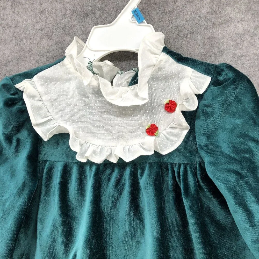 Vintage Girls 24M Velvet Dress Long‎ Sleeve Ruffle Collared Jewel Green Holiday